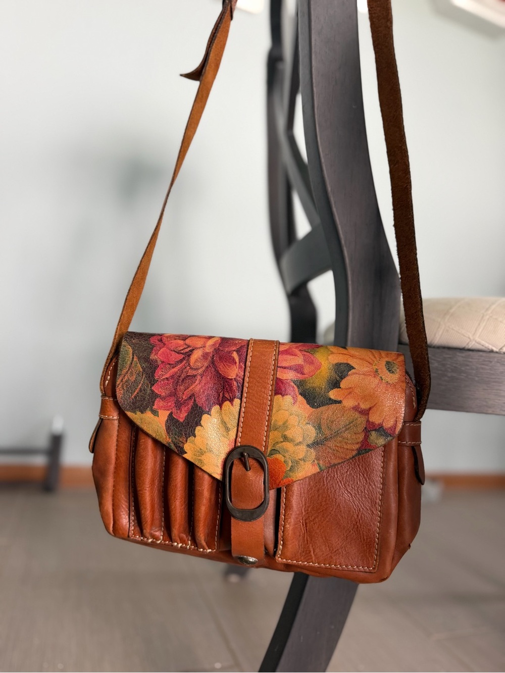 Patricia Nash Cognac Leather Floral Crossbody Bag Boho Vintage Pocket Purse